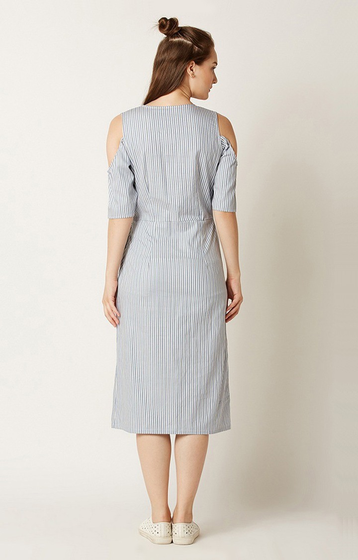 Women's Blue Cotton StripedCasualwear Sheath Dress