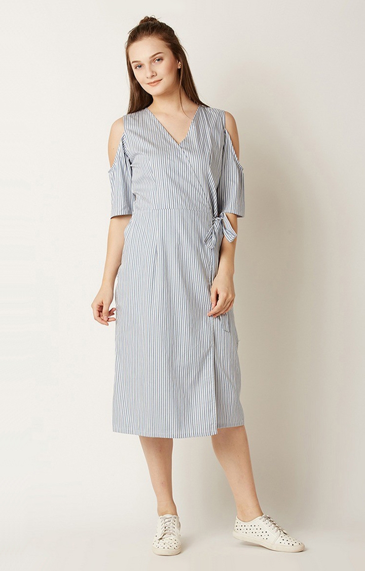 Women's Blue Cotton StripedCasualwear Sheath Dress