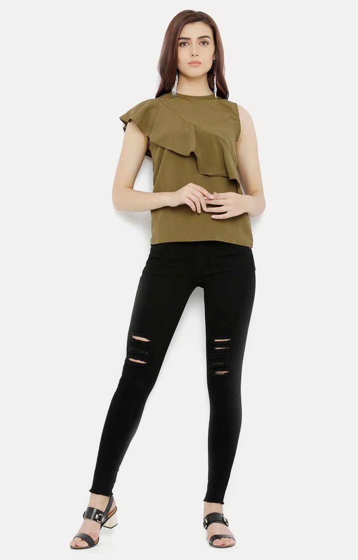 Women's Green Crepe SolidCasualwear Tops