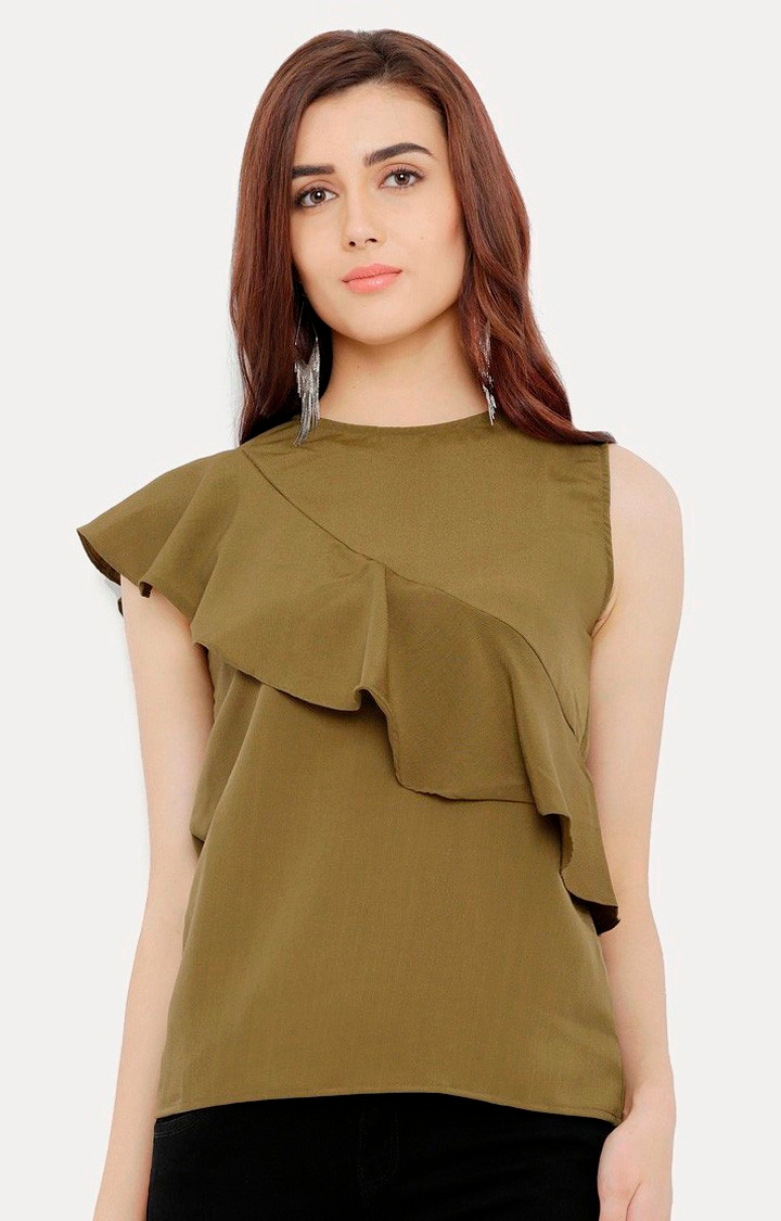 MISS CHASE | Women's Green Crepe SolidCasualwear Tops