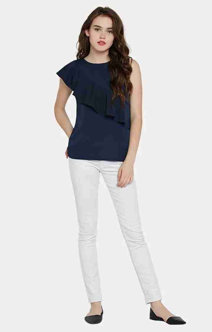 Women's Blue Crepe SolidCasualwear Tops