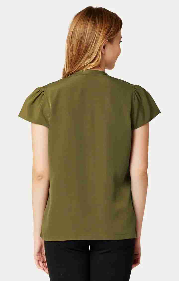 Women's Green Crepe SolidCasualwear Tops