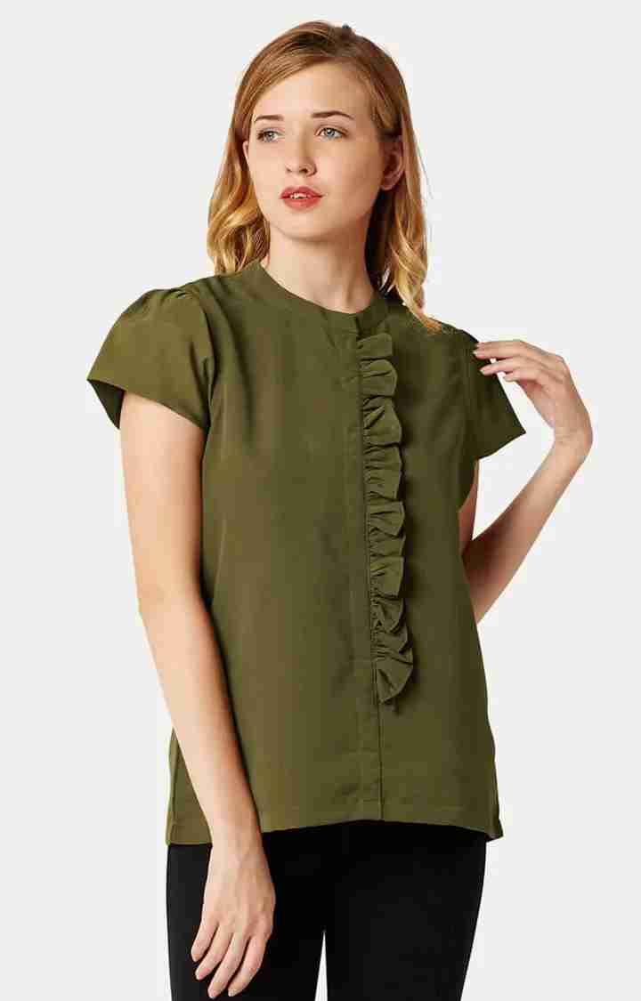 MISS CHASE | Women's Green Crepe SolidCasualwear Tops