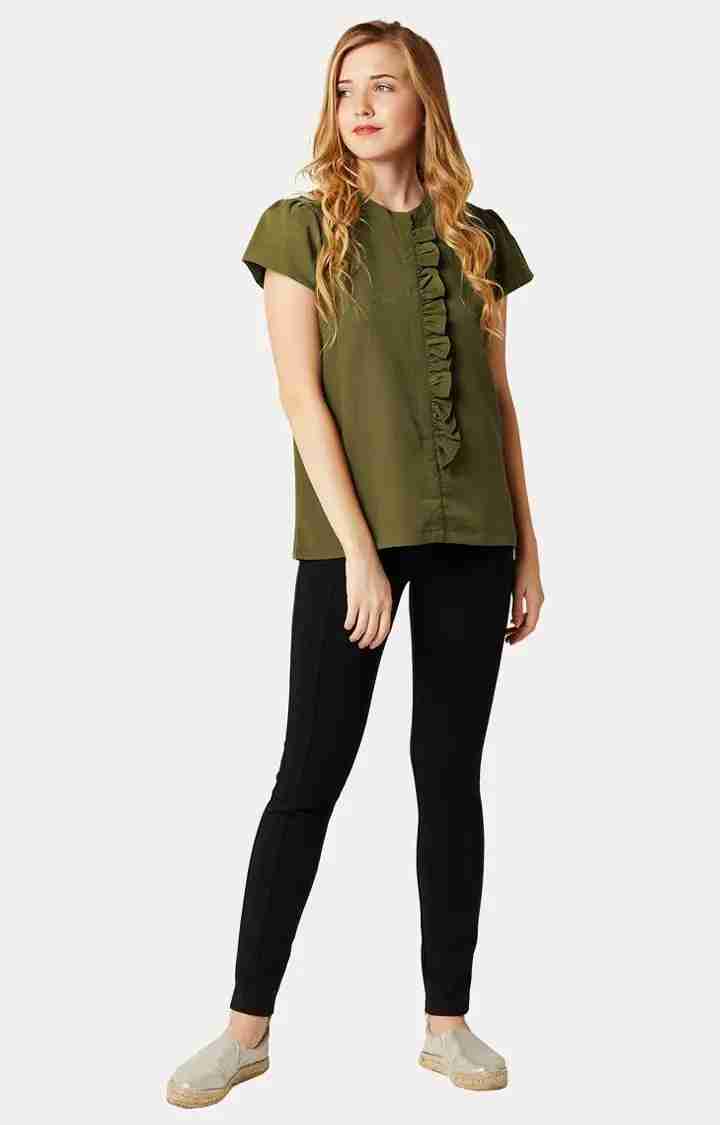 Women's Green Crepe SolidCasualwear Tops