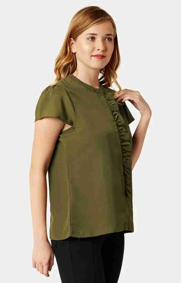 Women's Green Crepe SolidCasualwear Tops