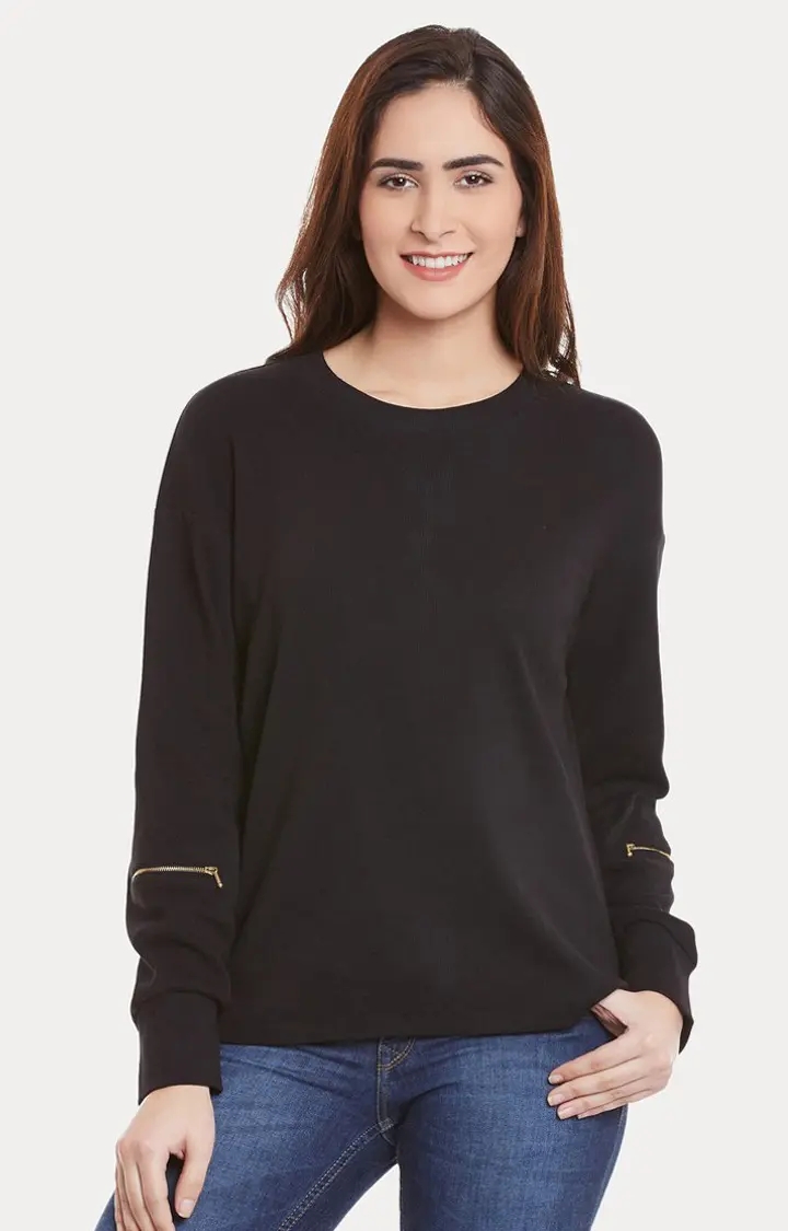 MISS CHASE | Women's Black Viscose SolidCasualwear Sweatshirts