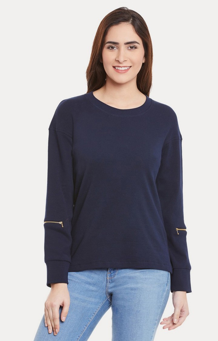 MISS CHASE | Women's Blue Viscose SolidCasualwear Sweatshirts