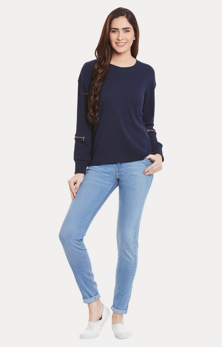 Women's Blue Viscose SolidCasualwear Sweatshirts