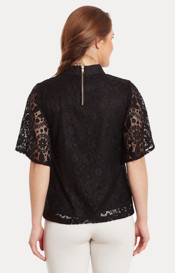 Women's Black Polyester SolidCasualwear Tops
