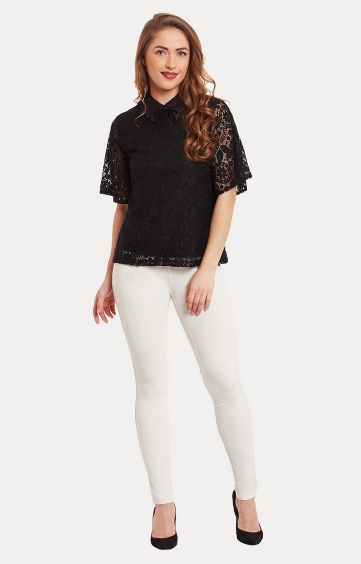 Women's Black Polyester SolidCasualwear Tops