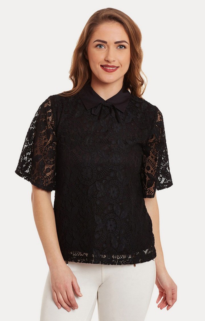 MISS CHASE | Women's Black Polyester SolidCasualwear Tops