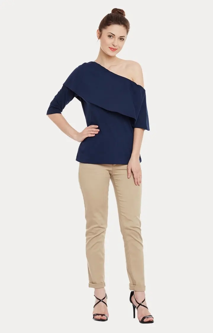 Women's Blue Viscose SolidCasualwear Off Shoulder Top