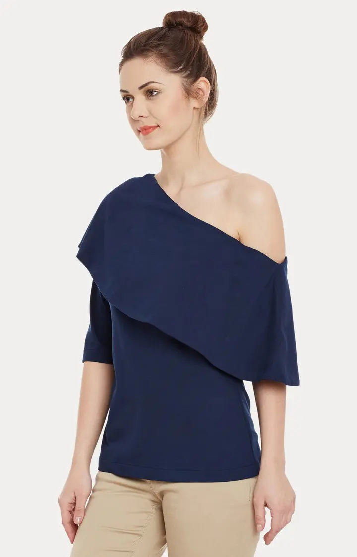 Women's Blue Viscose SolidCasualwear Off Shoulder Top