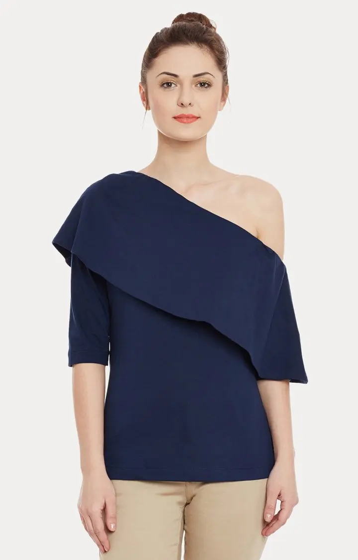 MISS CHASE | Women's Blue Viscose SolidCasualwear Off Shoulder Top