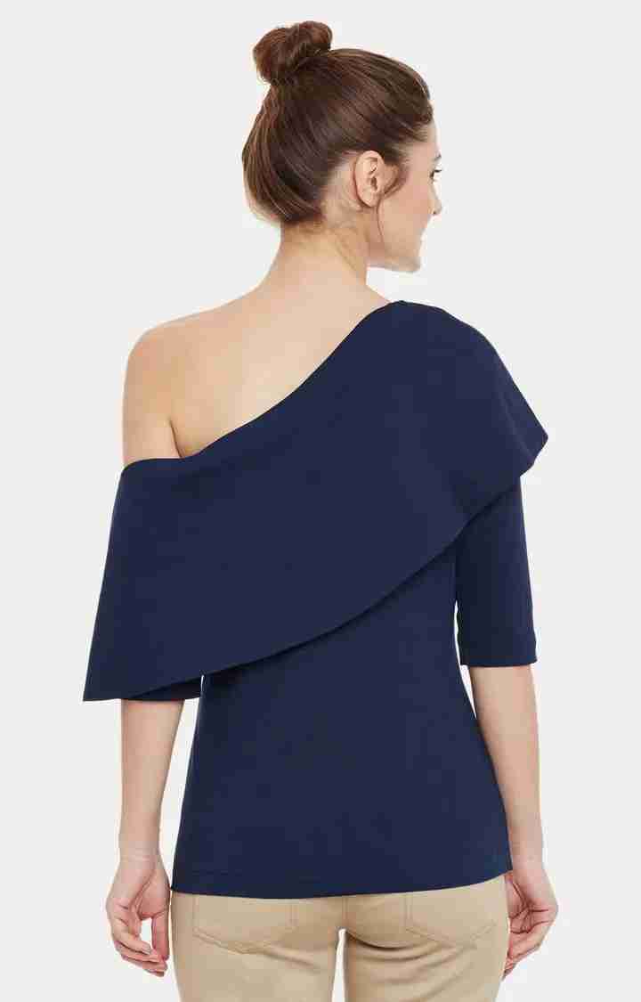 Women's Blue Viscose SolidCasualwear Off Shoulder Top