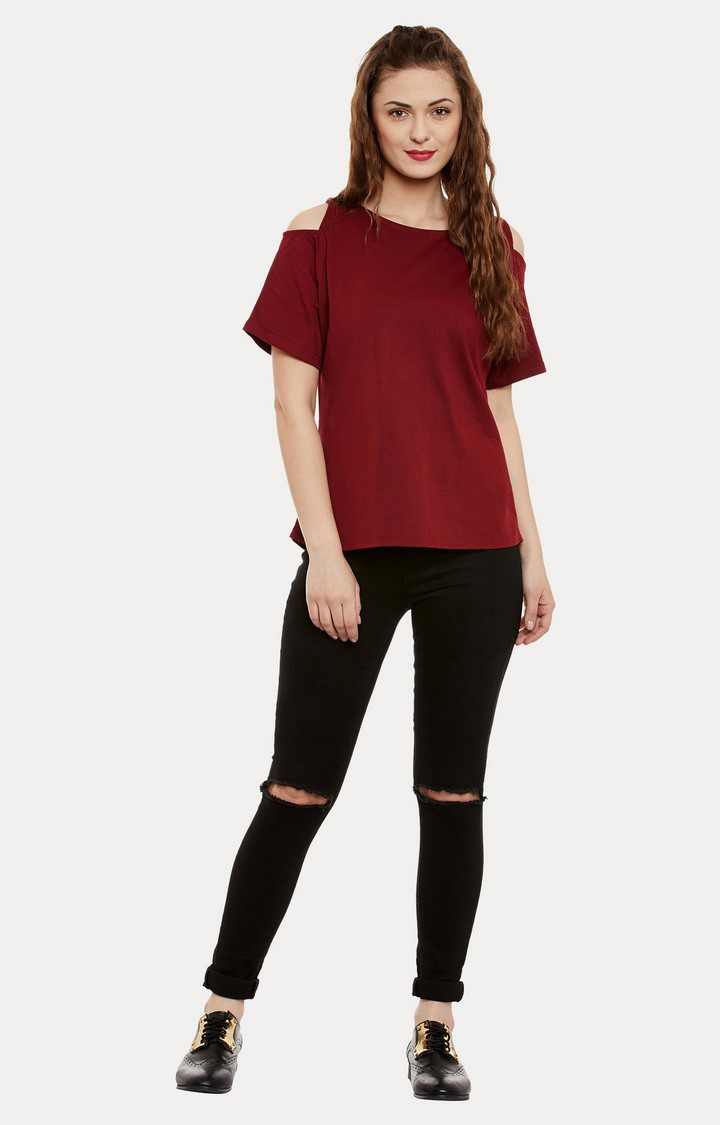 Women's Red Viscose SolidCasualwear Tops