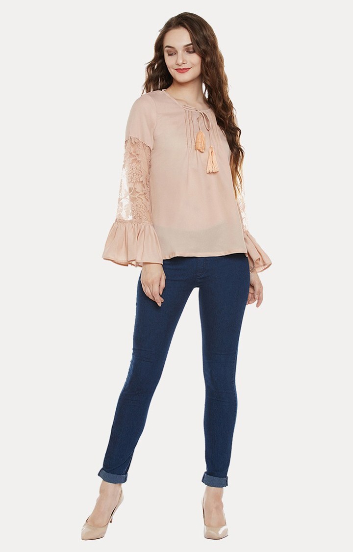 Women's Beige Crepe SolidCasualwear Tops