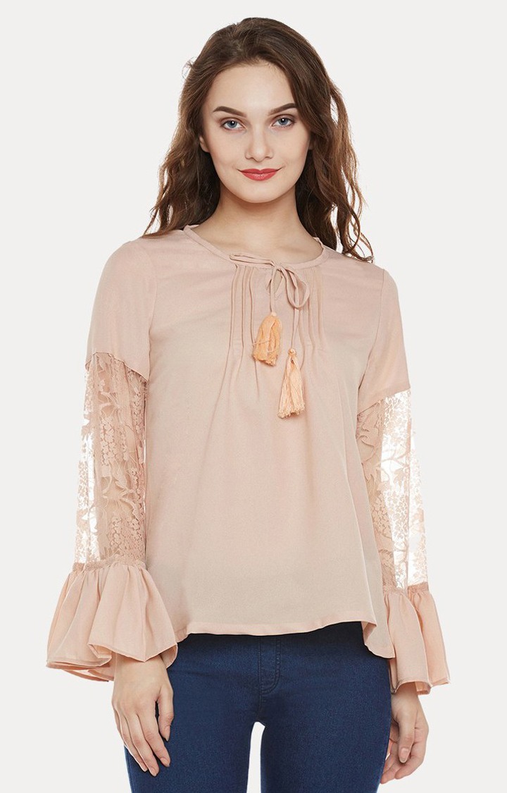 MISS CHASE | Women's Beige Crepe SolidCasualwear Tops