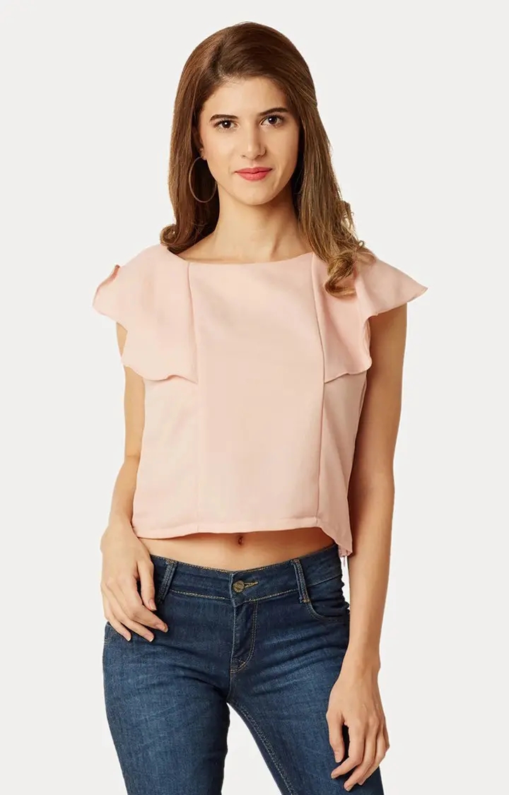 MISS CHASE | Women's Pink Crepe SolidCasualwear Crop Top