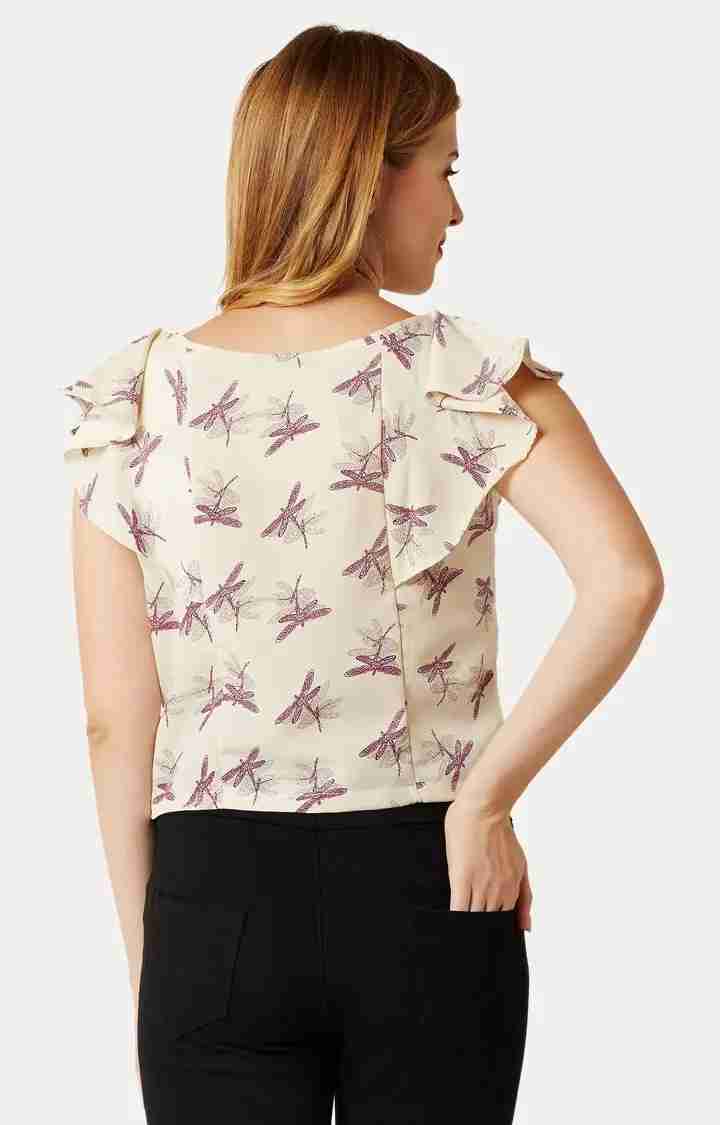 Women's Beige Crepe PrintedCasualwear Crop Top