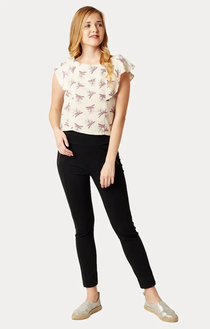 Women's Beige Crepe PrintedCasualwear Crop Top