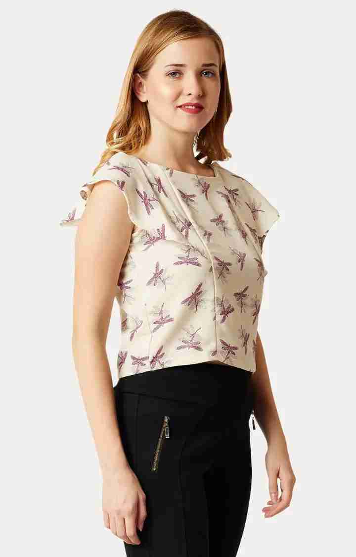 Women's Beige Crepe PrintedCasualwear Crop Top