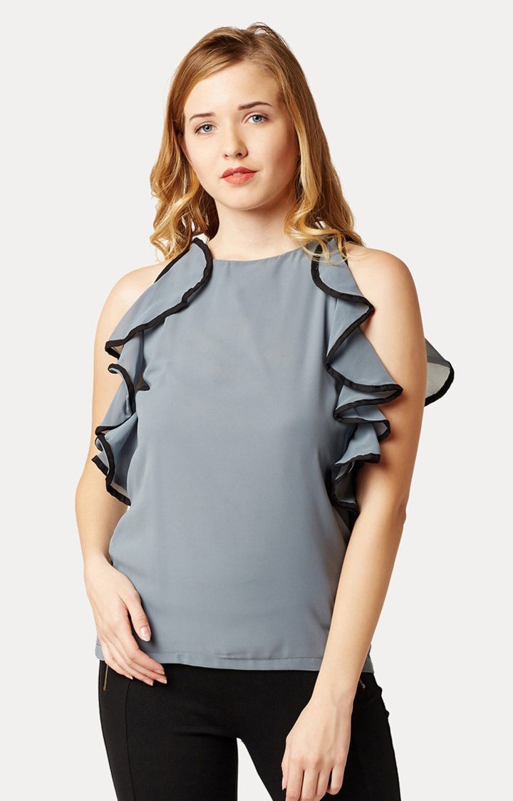 MISS CHASE | Women's Grey Georgette SolidCasualwear Tops