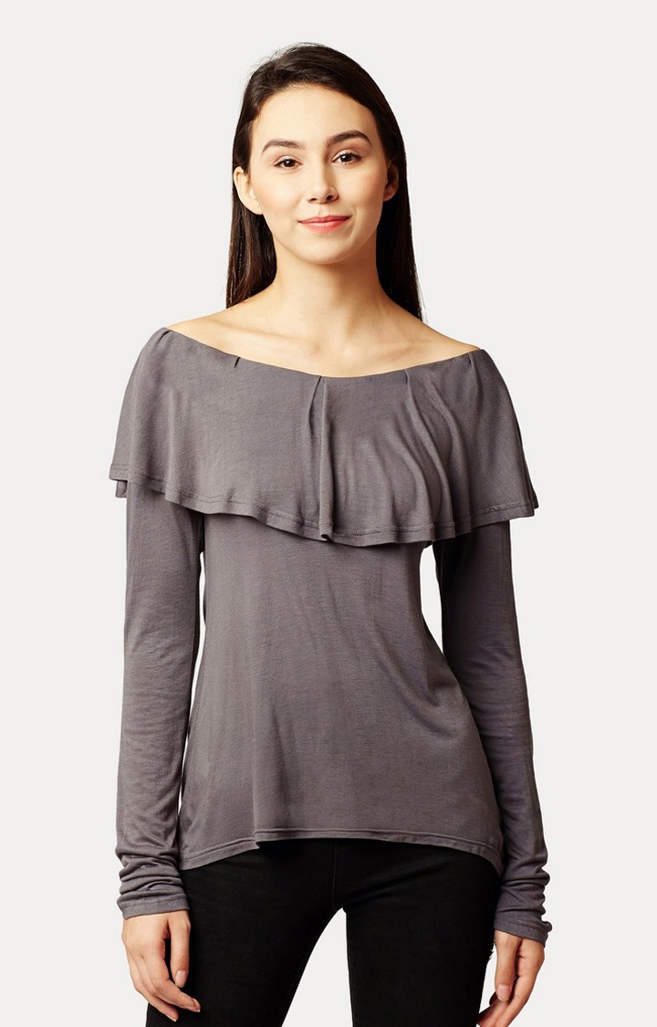 MISS CHASE | Women's Grey Rayon SolidCasualwear Tops