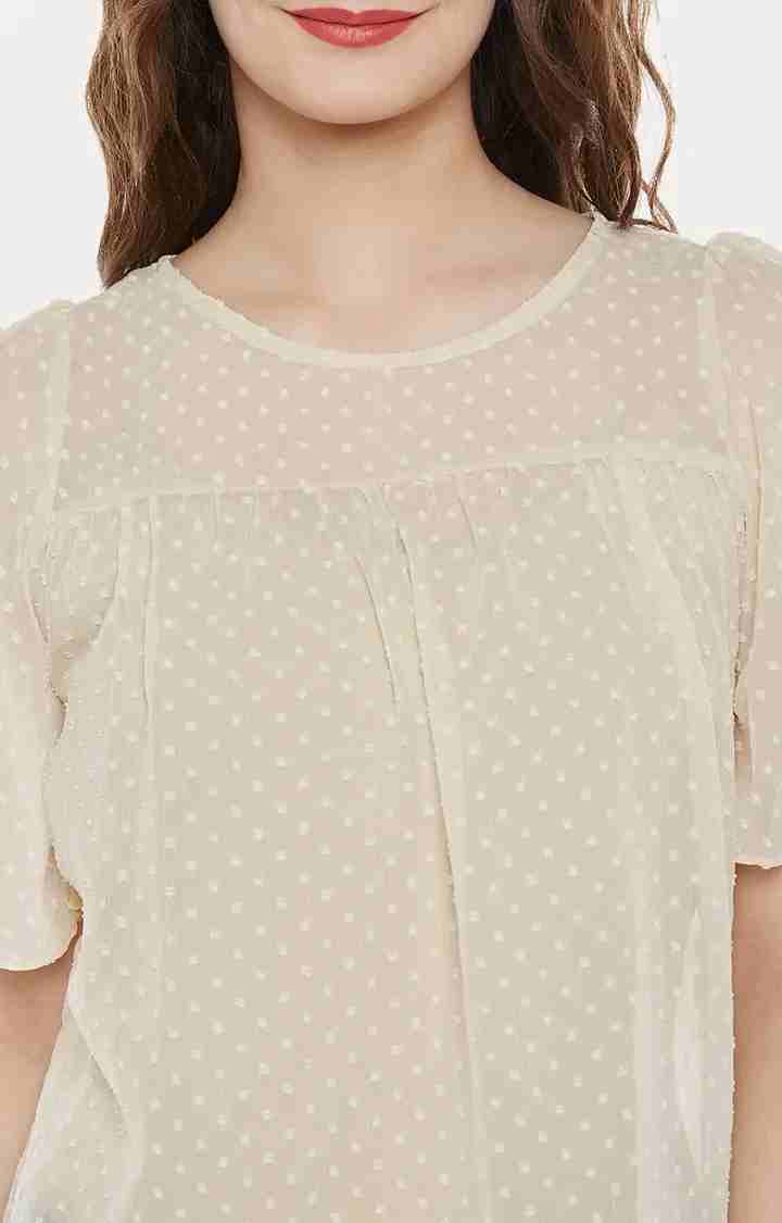 Women's Beige Georgette Polka DotsCasualwear Tops
