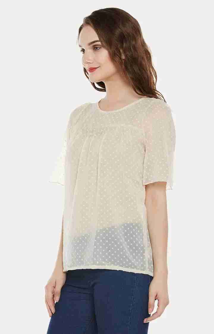 Women's Beige Georgette Polka DotsCasualwear Tops