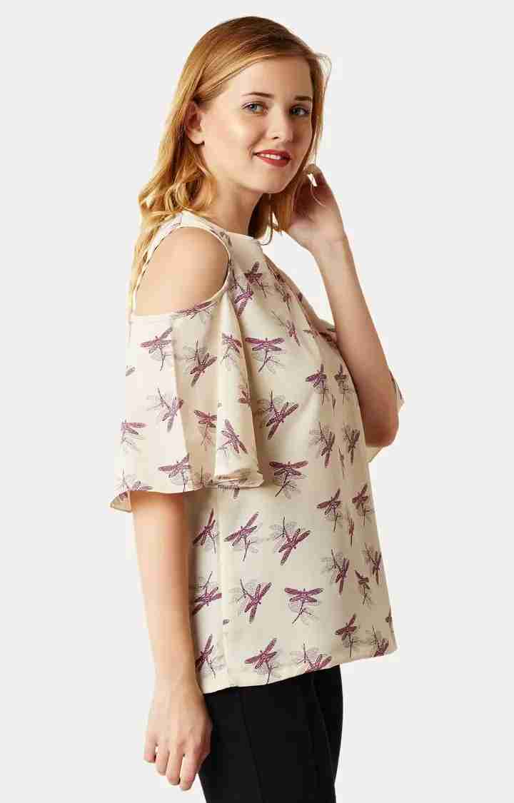 Women's Beige Crepe PrintedCasualwear Tops