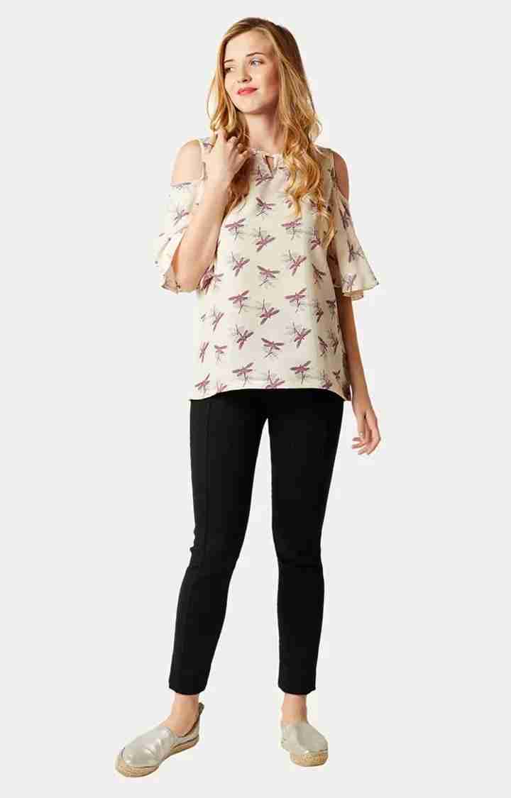 Women's Beige Crepe PrintedCasualwear Tops