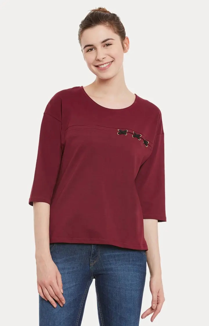 MISS CHASE | Women's Red Cotton SolidCasualwear Tops