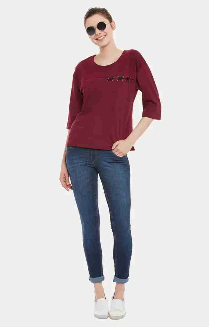 Women's Red Cotton SolidCasualwear Tops