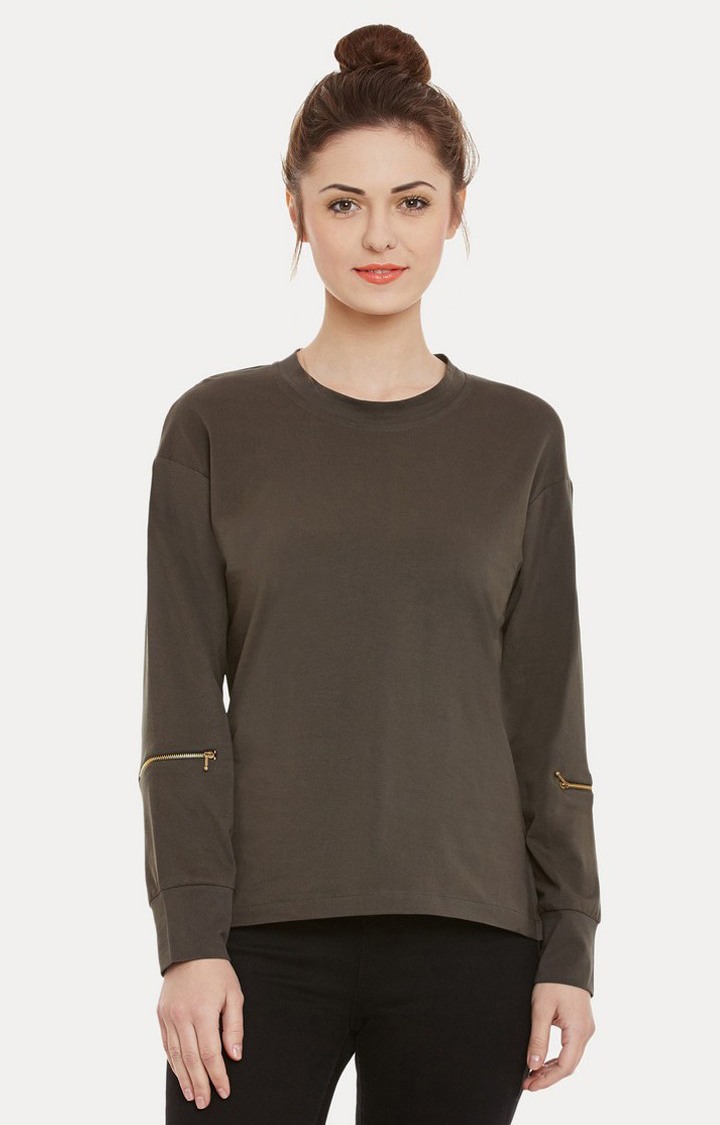 MISS CHASE | Women's Green Cotton SolidCasualwear Regular T-Shirts