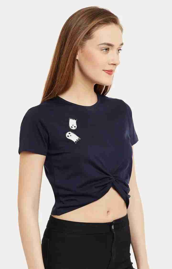 Women's Blue Cotton SolidCasualwear Crop T-Shirts