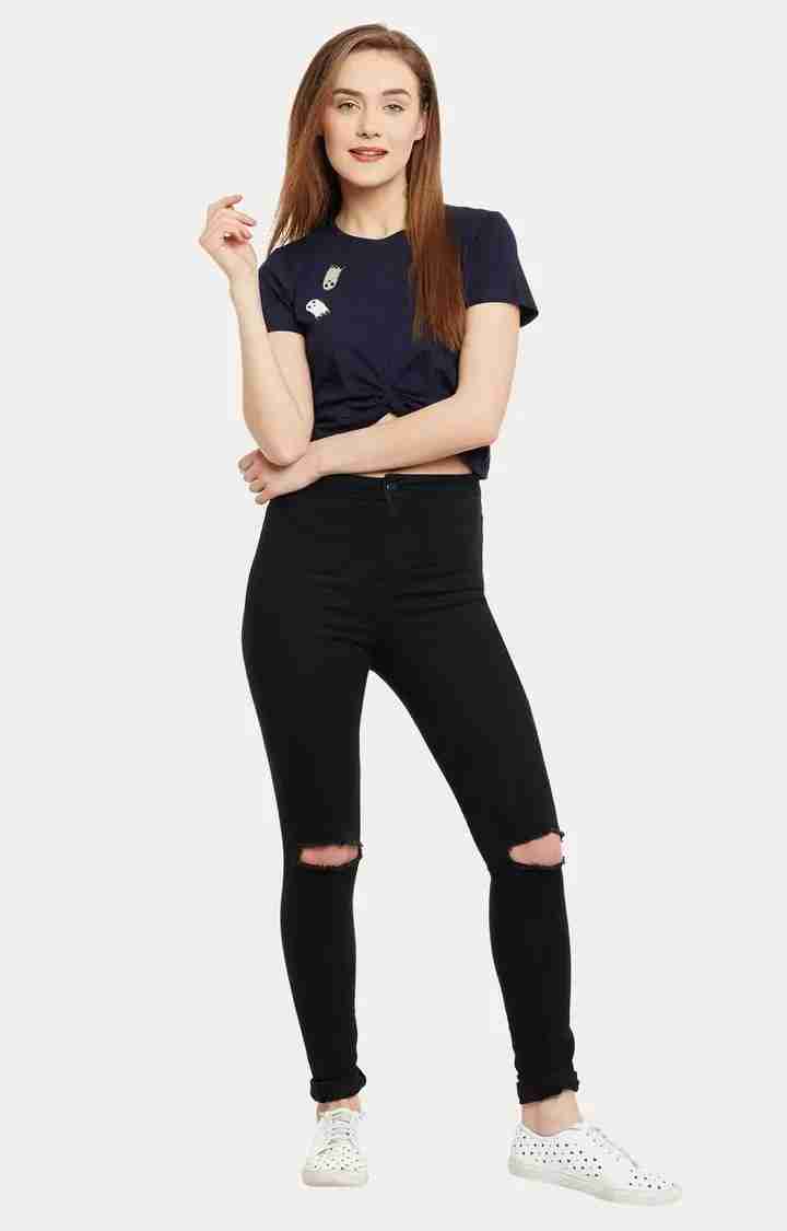 Women's Blue Cotton SolidCasualwear Crop T-Shirts