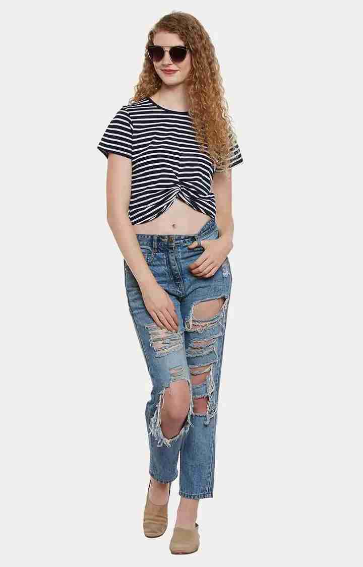 Women's Blue Cotton StripedCasualwear Crop T-Shirts