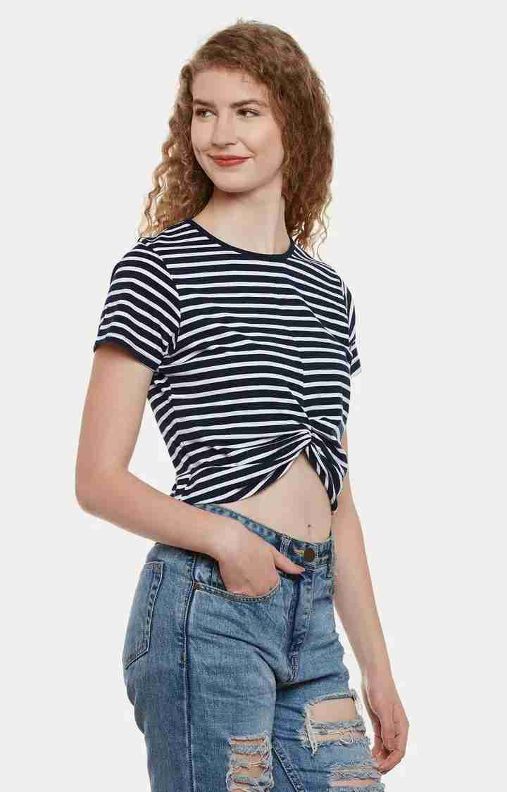 Women's Blue Cotton StripedCasualwear Crop T-Shirts