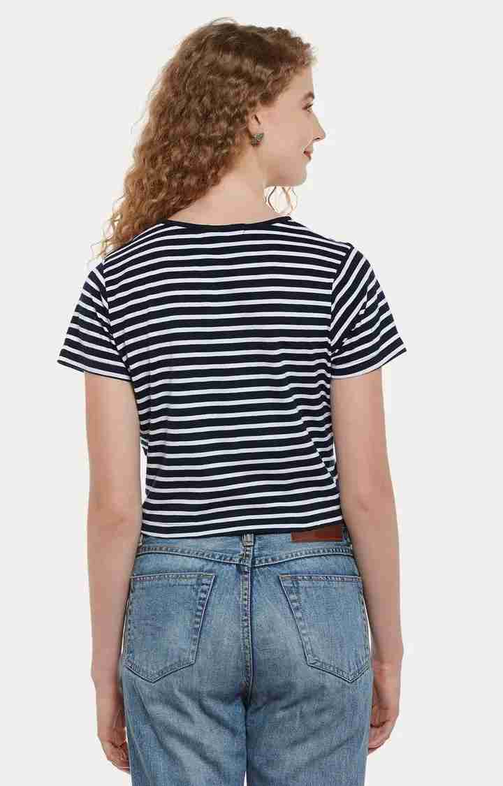 Women's Blue Cotton StripedCasualwear Crop T-Shirts