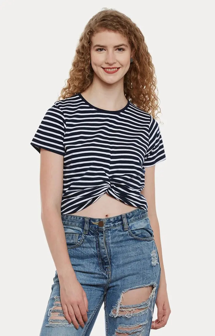 MISS CHASE | Women's Blue Cotton StripedCasualwear Crop T-Shirts