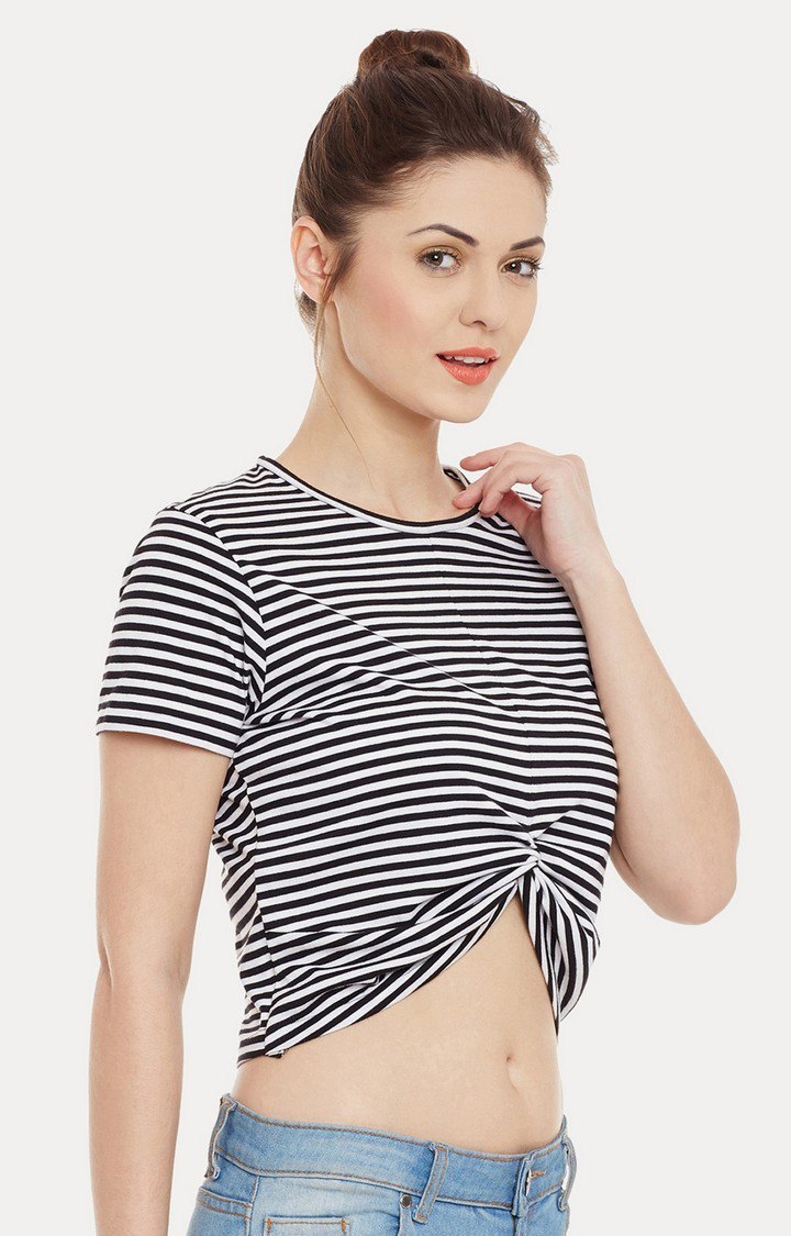 Women's Black Cotton StripedCasualwear Crop T-Shirts