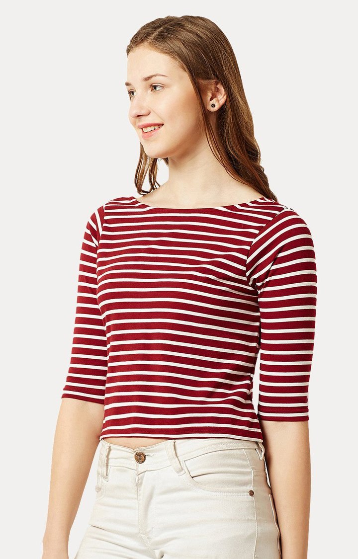 Women's Red Cotton StripedCasualwear Regular T-Shirts