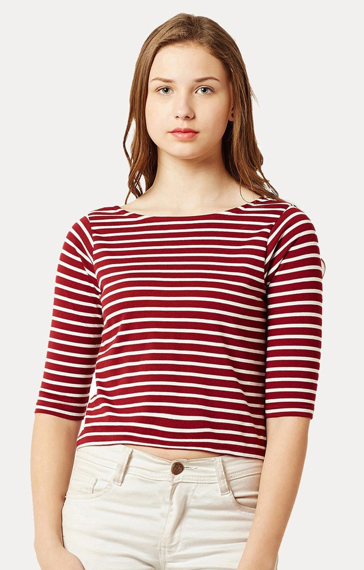 MISS CHASE | Women's Red Striped Regular T-Shirts