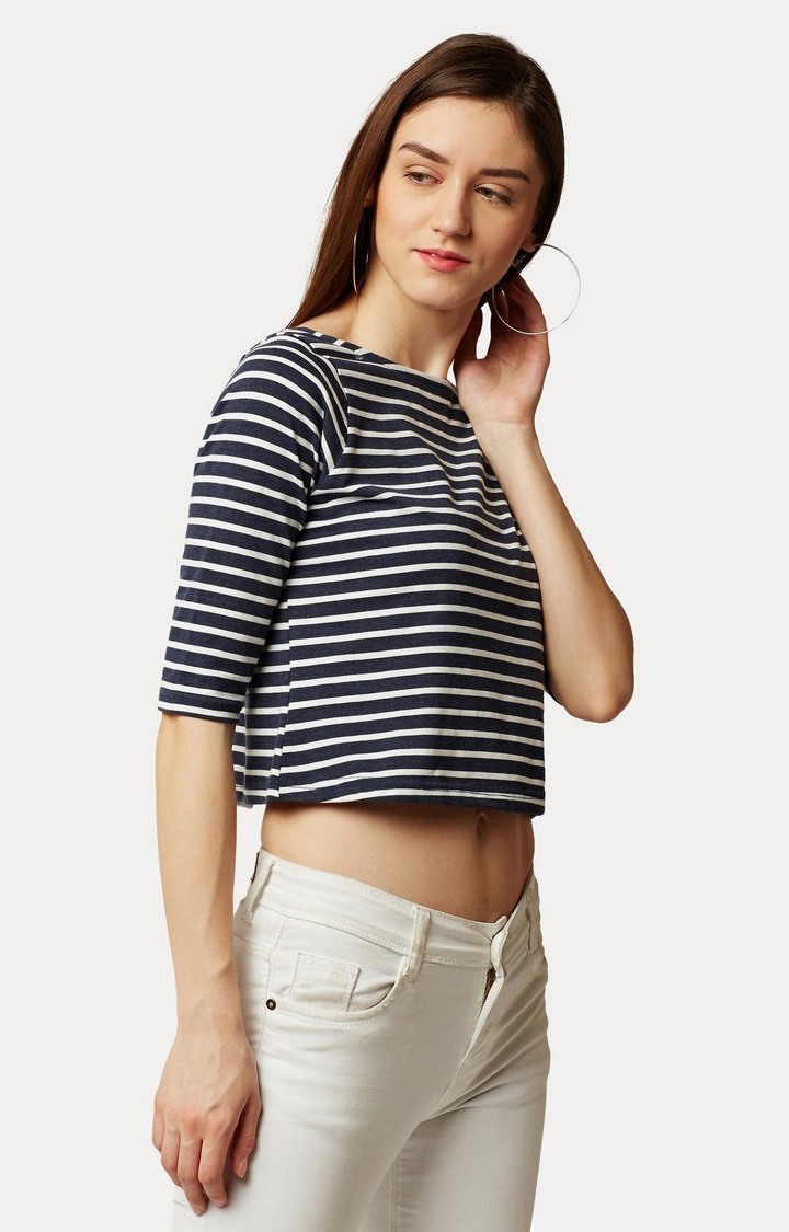 Women's Blue Cotton StripedCasualwear Crop T-Shirts