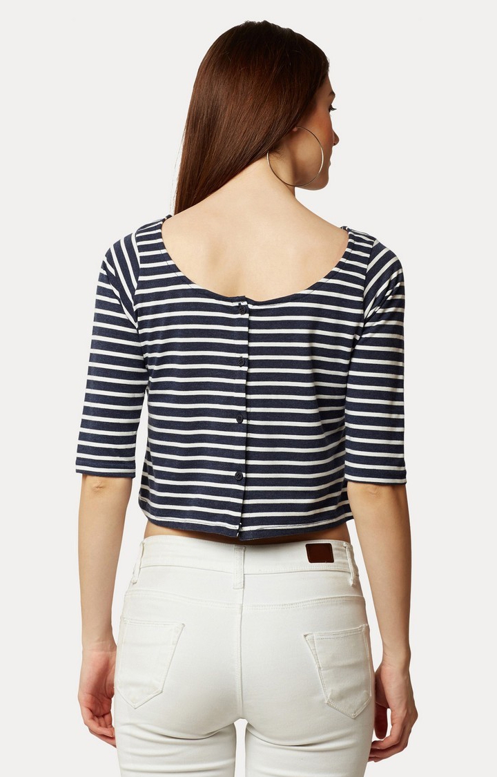 Women's Blue Cotton StripedCasualwear Crop T-Shirts