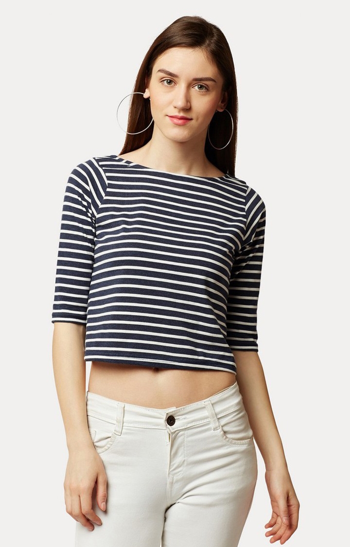 MISS CHASE | Women's Blue Cotton StripedCasualwear Crop T-Shirts