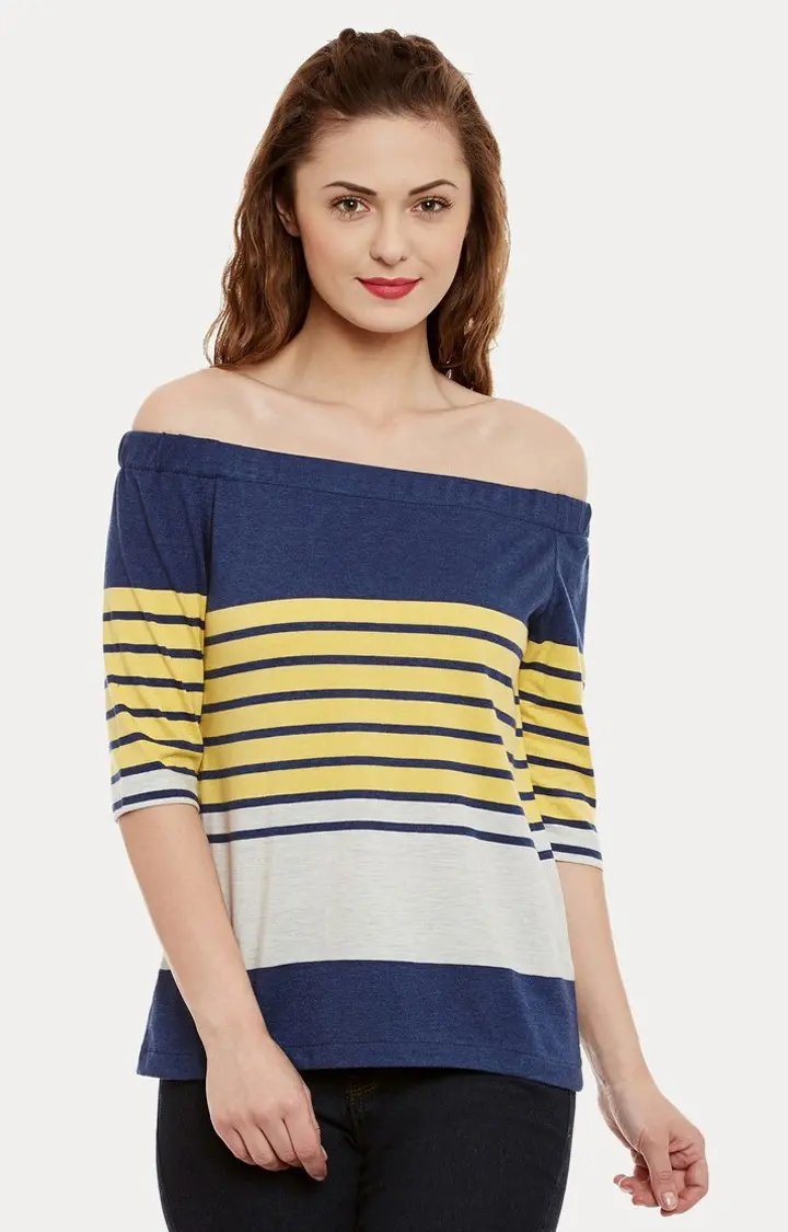 MISS CHASE | Women's Blue Viscose StripedCasualwear Off Shoulder Top