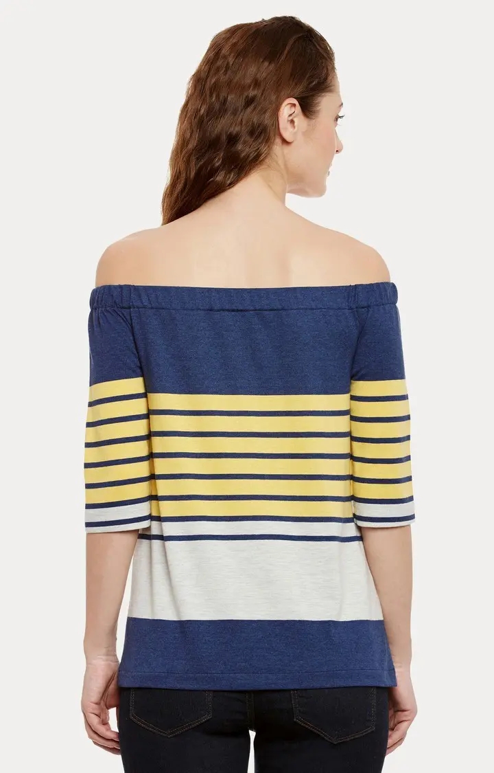 Women's Blue Viscose StripedCasualwear Off Shoulder Top