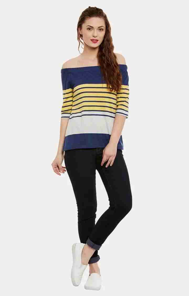 Women's Blue Viscose StripedCasualwear Off Shoulder Top